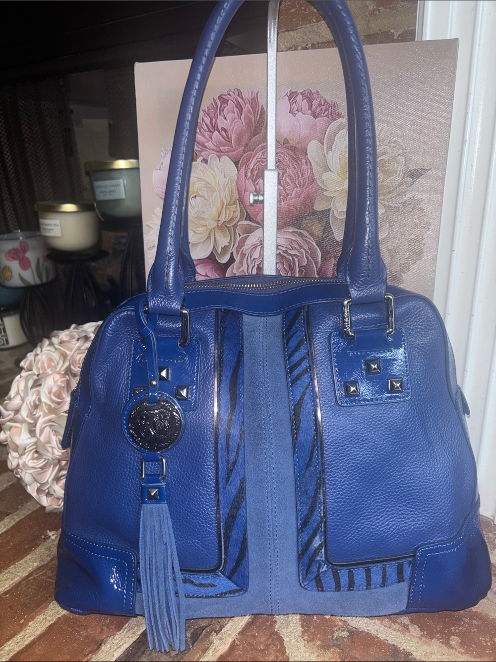 Sharif Blue Leather Satchel Handbag w/ Zebra Calfhair accents